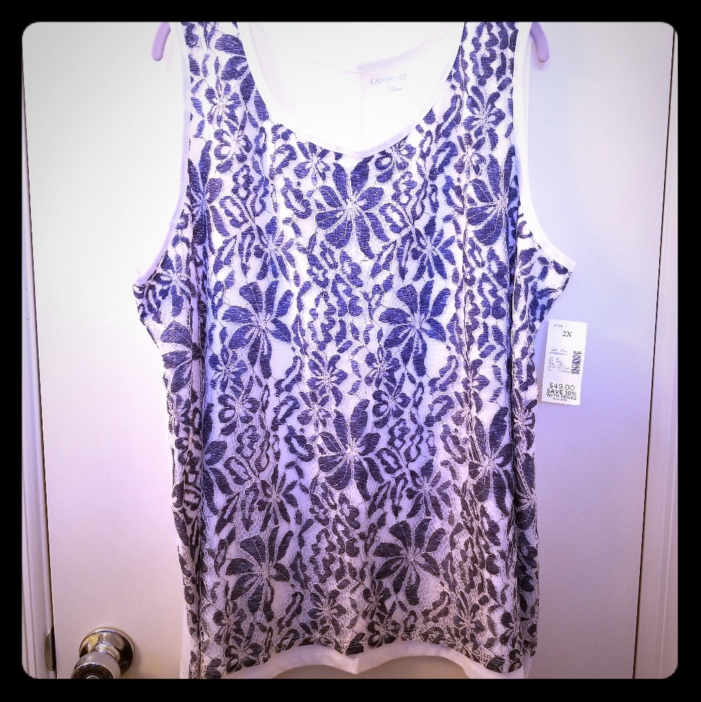 Catherines 2X Navy/White Flowered Lace Tank